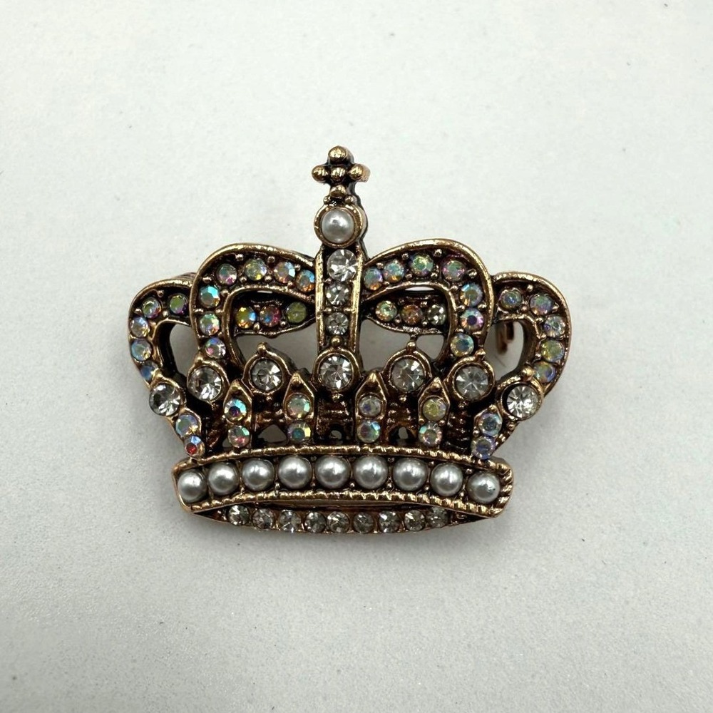 Vintage Gold Tone Crown Brooch Aurora Borealis Rhinestone Faux Pearl Pin